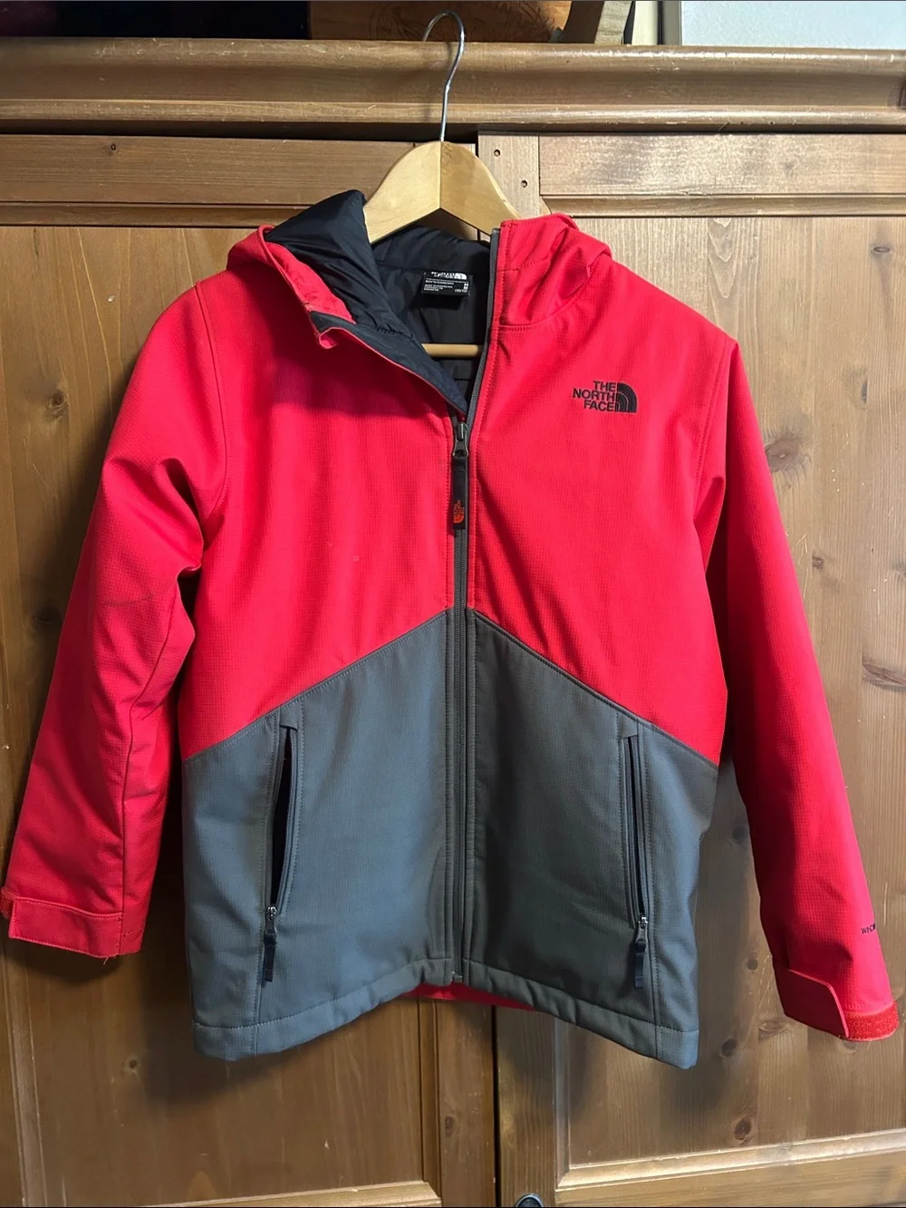 The North Face Boys Red and Gray Hooded Windwall Jacket, Medium